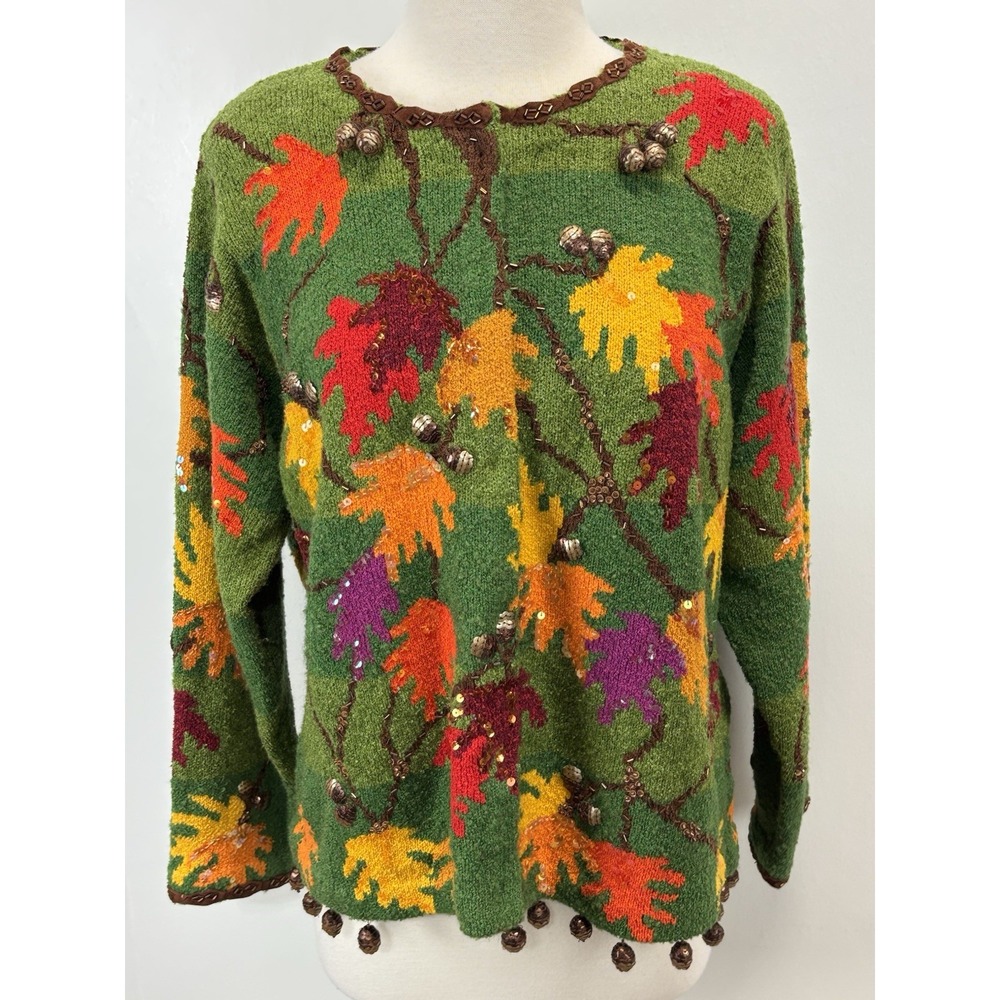 Vtg Design Options Fall Leaf Sweater Sz X-Large Green 3D Acorns Sequins READ